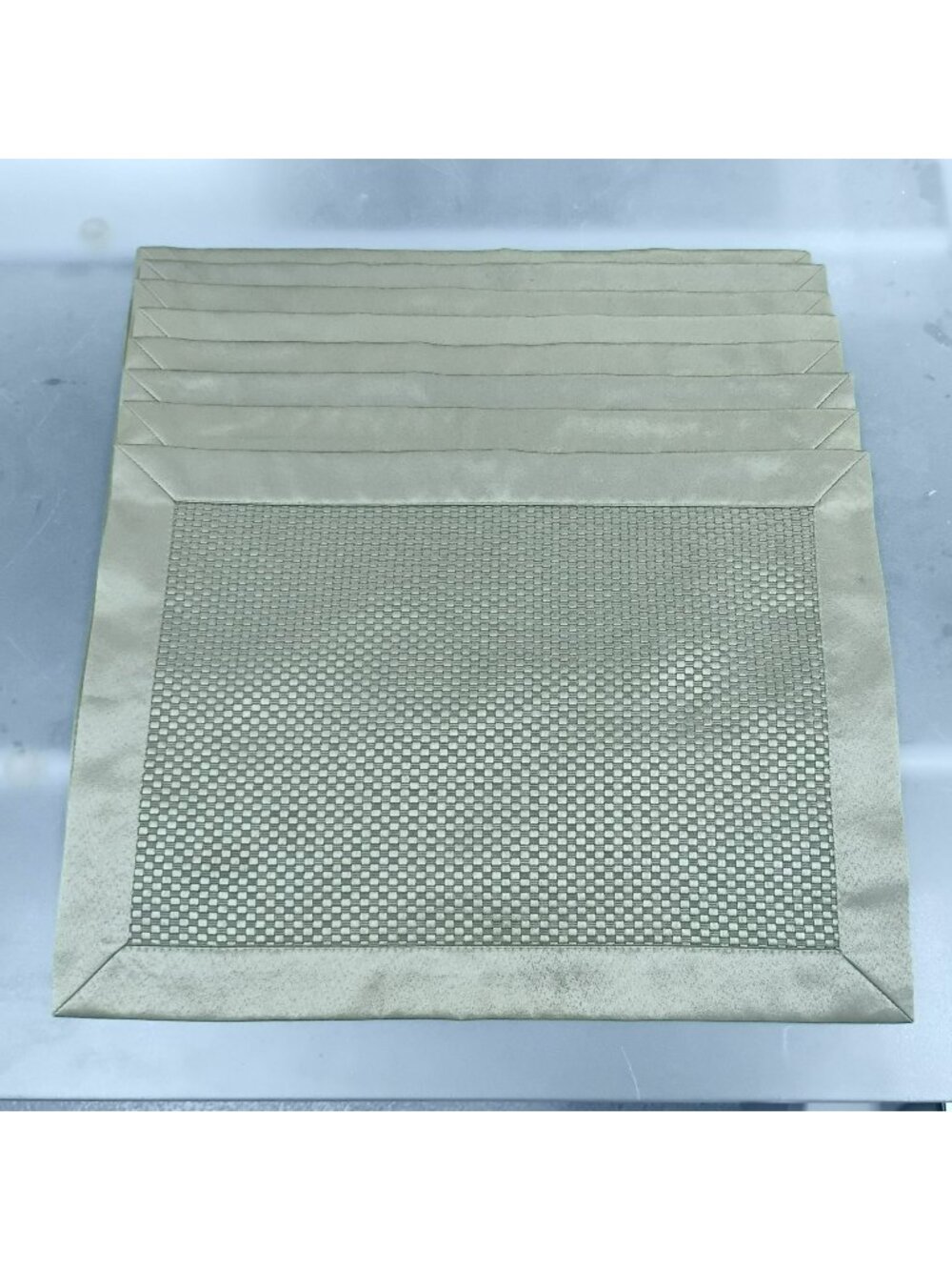 Set Of 8 Sage Green Woven Textured Placemats With Satin Border
